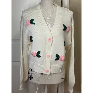 CREAM FLORAL RAISED ROSE CARDIGAN MEDIUM